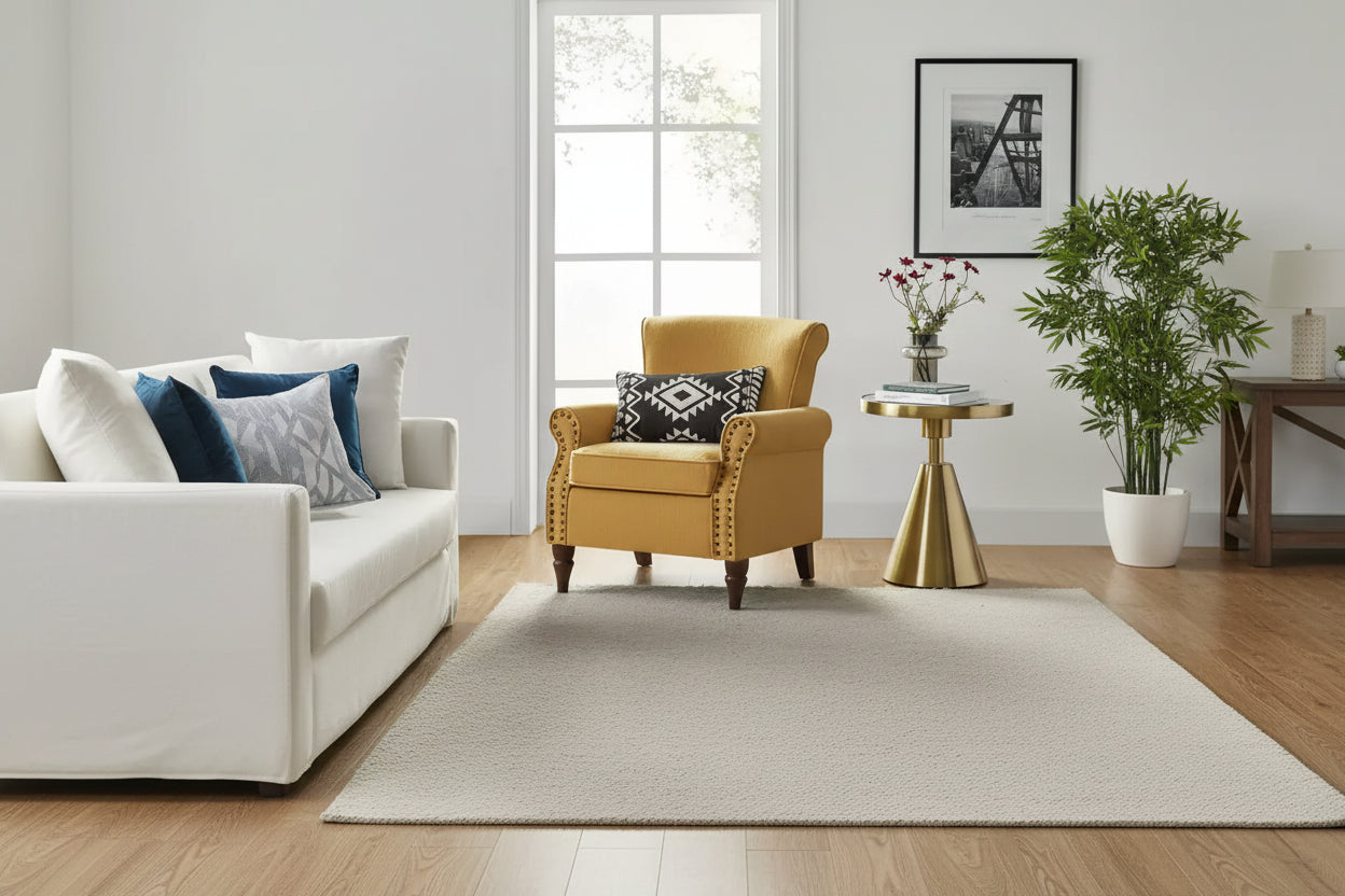 Upholstered Armchair with Solid Wood Legs, Mustard