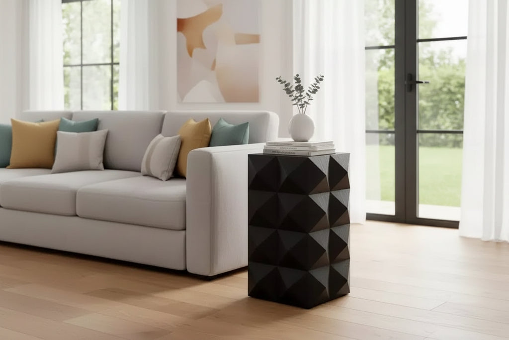 Homy Casa End Side Table, Geometric Carved Solid Wood End Table, Black Accent Table for Living Room, Bedroom