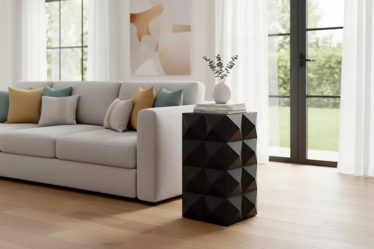 Homy Casa End Side Table, Geometric Carved Solid Wood End Table, Black Accent Table for Living Room, Bedroom