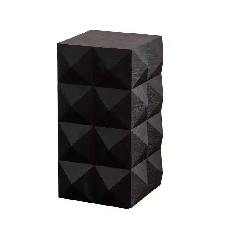 Geometric Carved Solid Wood Accent End Table, Black Side Table for Living Room and Bedroom