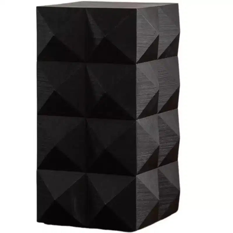 Geometric Carved Solid Wood Accent End Table, Black Side Table for Living Room and Bedroom