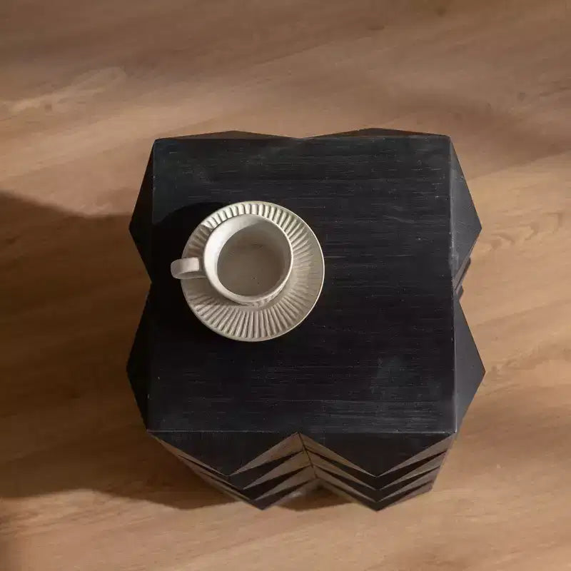 Geometric Carved Solid Wood Accent End Table, Black Side Table for Living Room and Bedroom