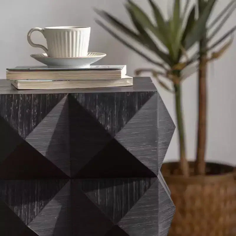 Geometric Carved Solid Wood Accent End Table, Black Side Table for Living Room and Bedroom
