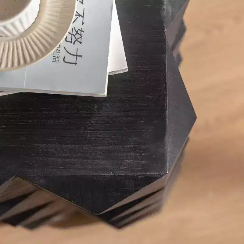 Geometric Carved Solid Wood Accent End Table, Black Side Table for Living Room and Bedroom