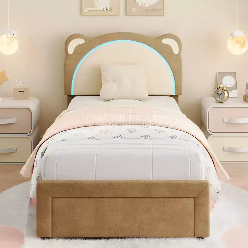 Twin Upholstered Platform Bed Frame with Adjustable Headboard, Smart LED and Wooden Slats Support, No Box Spring Needed