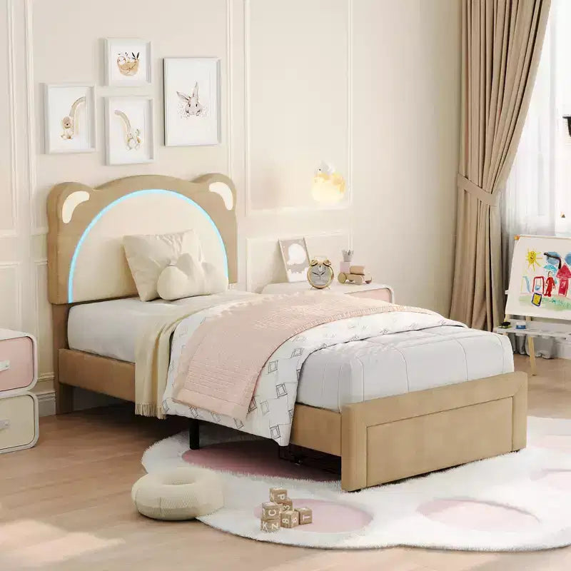 Twin Upholstered Platform Bed Frame with Adjustable Headboard, Smart LED and Wooden Slats Support, No Box Spring Needed
