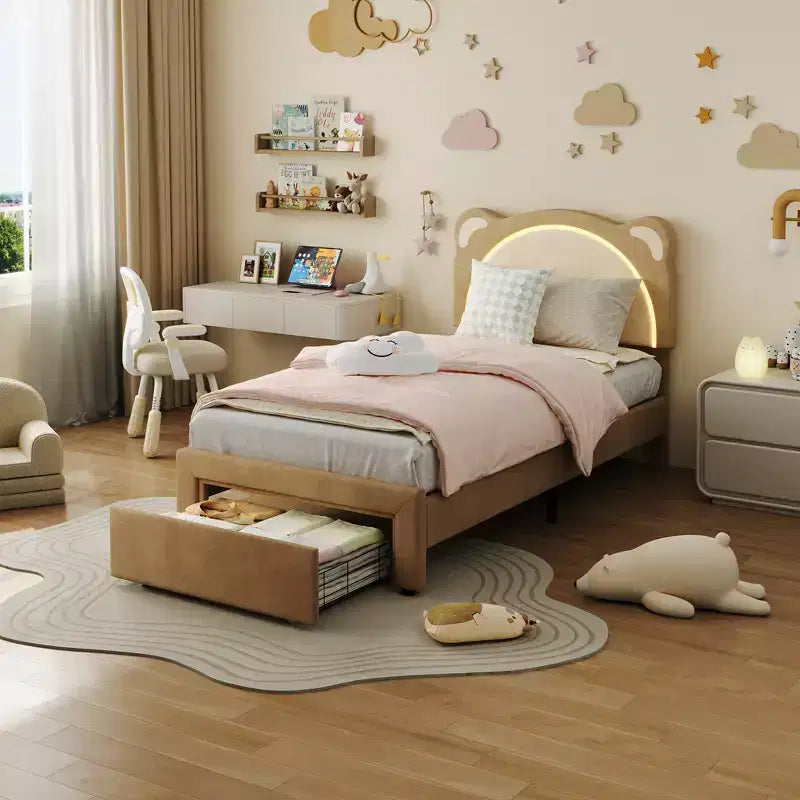 Twin Upholstered Platform Bed Frame with Adjustable Headboard, Smart LED and Wooden Slats Support, No Box Spring Needed