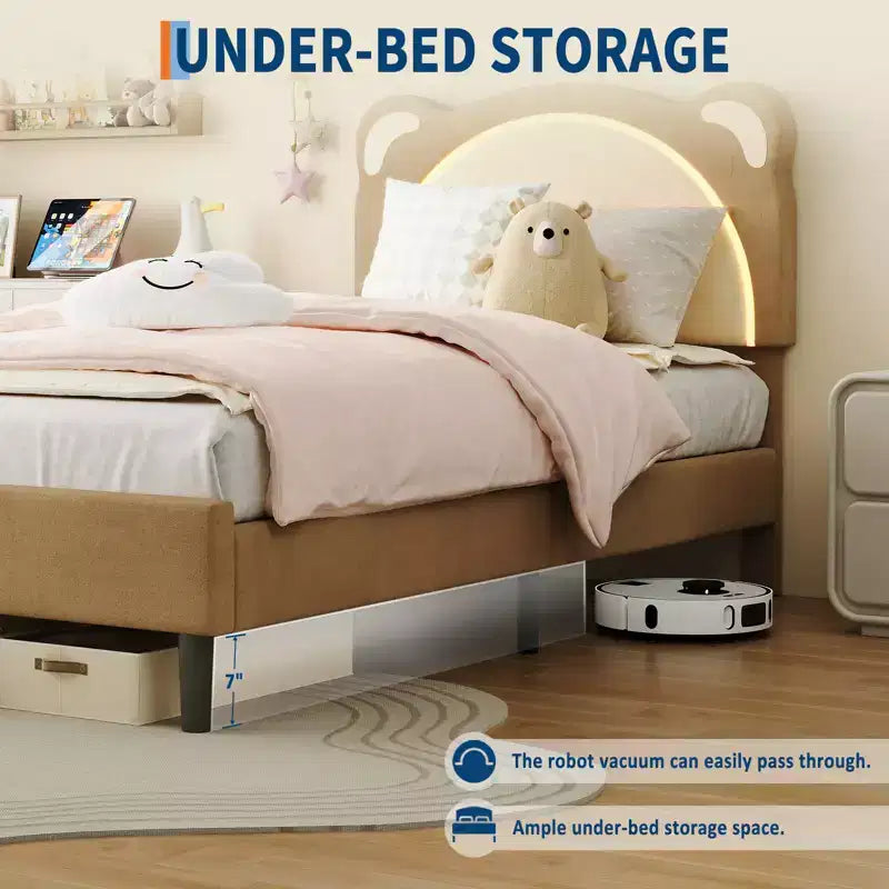 Twin Upholstered Platform Bed Frame with Adjustable Headboard, Smart LED and Wooden Slats Support, No Box Spring Needed