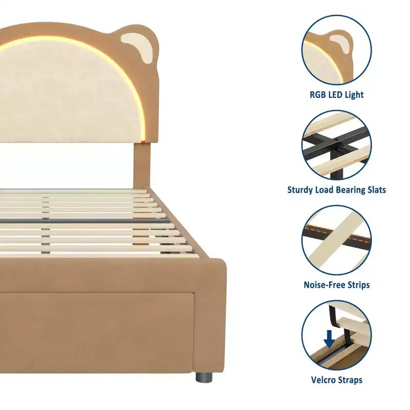 Twin Upholstered Platform Bed Frame with Adjustable Headboard, Smart LED and Wooden Slats Support, No Box Spring Needed