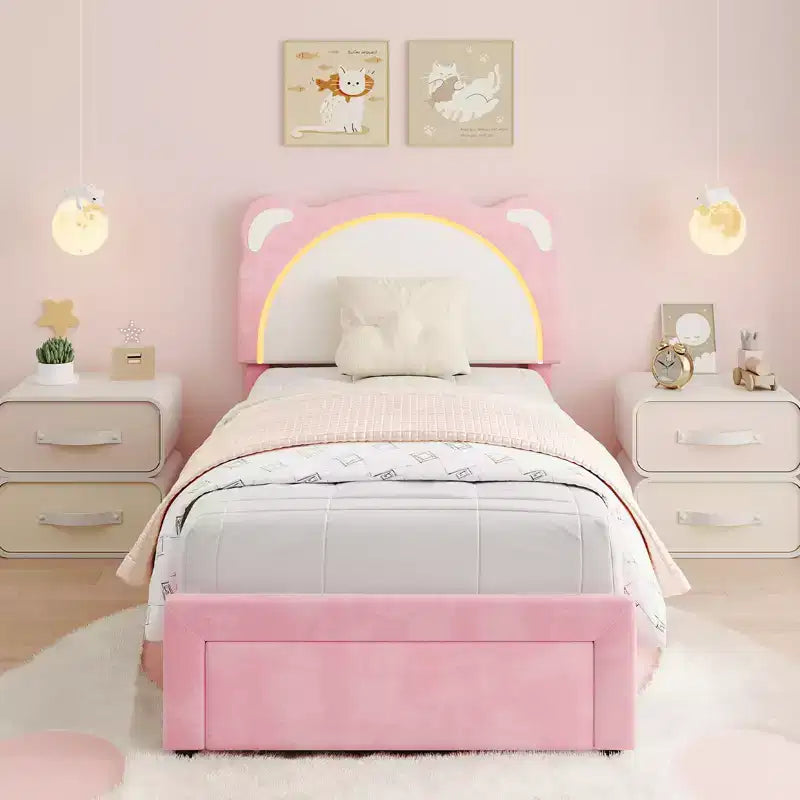 Twin Upholstered Platform Bed Frame with Adjustable Headboard, Smart LED and Wooden Slats Support, No Box Spring Needed
