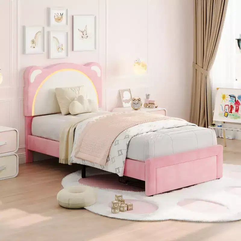 Twin Upholstered Platform Bed Frame with Adjustable Headboard, Smart LED and Wooden Slats Support, No Box Spring Needed