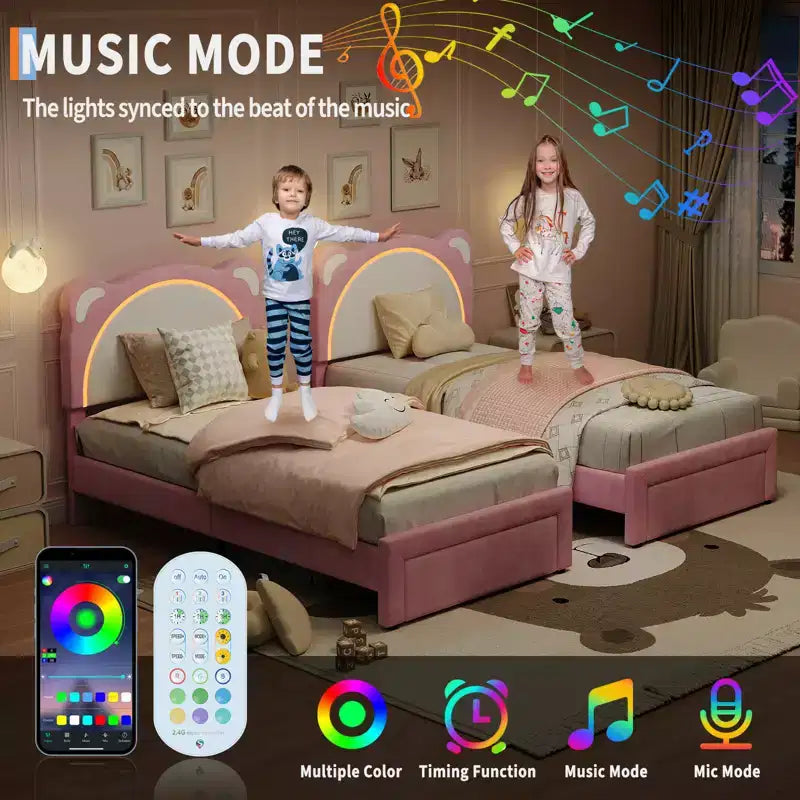Twin Upholstered Platform Bed Frame with Adjustable Headboard, Smart LED and Wooden Slats Support, No Box Spring Needed