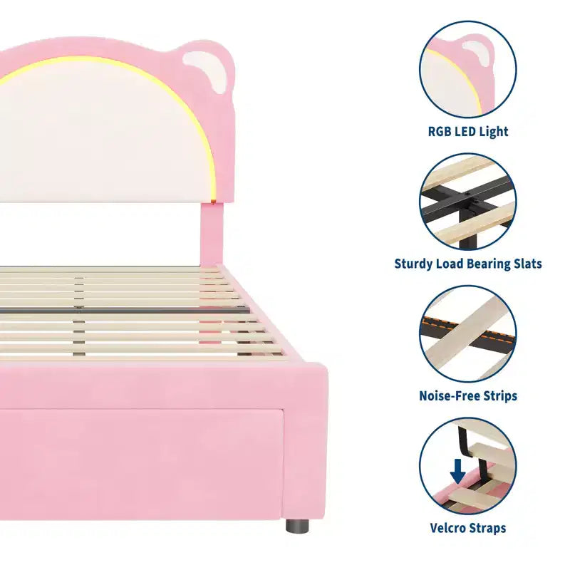 Twin Upholstered Platform Bed Frame with Adjustable Headboard, Smart LED and Wooden Slats Support, No Box Spring Needed