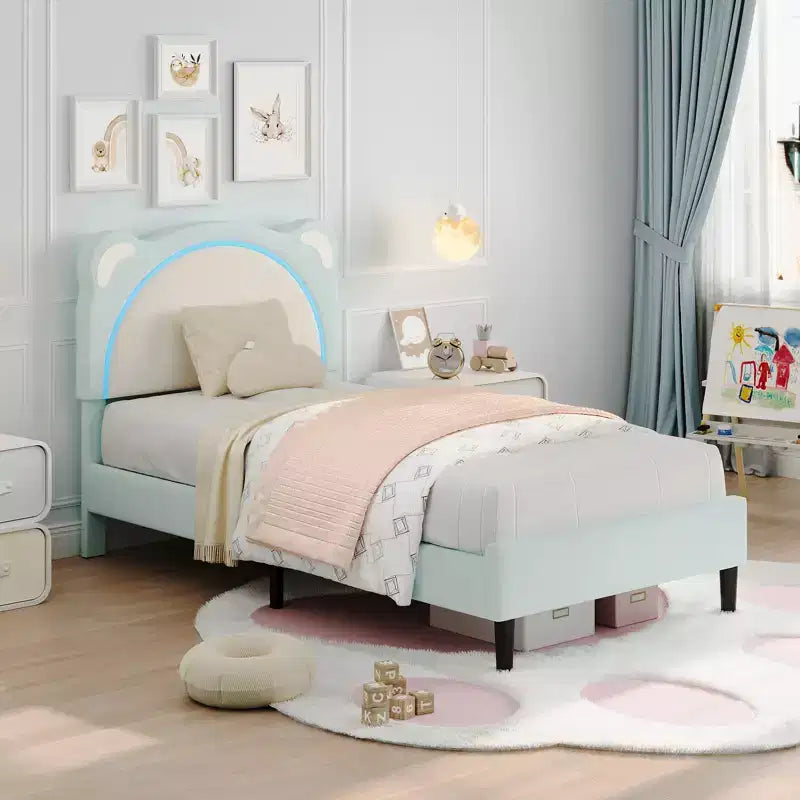 Twin Upholstered Platform Bed Frame with Adjustable Headboard, Smart LED and Wooden Slats Support, No Box Spring Needed