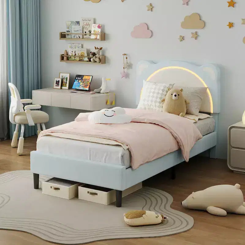 Twin Upholstered Platform Bed Frame with Adjustable Headboard, Smart LED and Wooden Slats Support, No Box Spring Needed