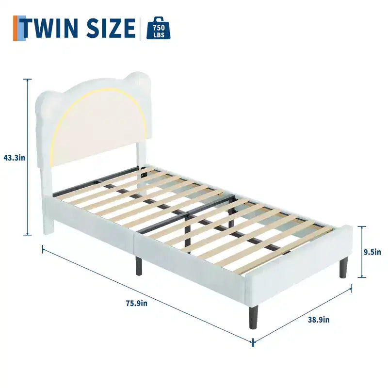 Twin Upholstered Platform Bed Frame with Adjustable Headboard, Smart LED and Wooden Slats Support, No Box Spring Needed