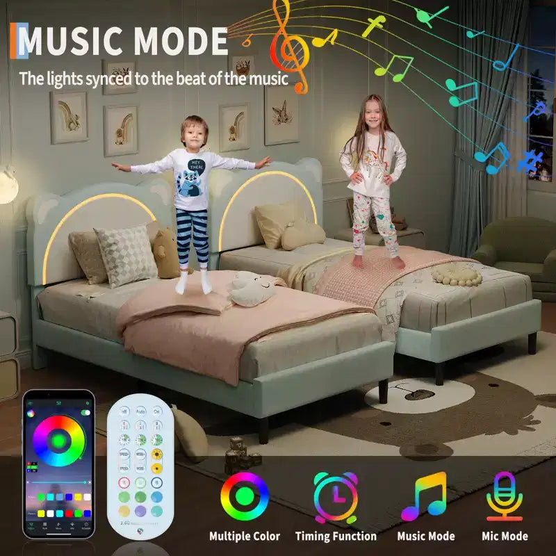 Twin Upholstered Platform Bed Frame with Adjustable Headboard, Smart LED and Wooden Slats Support, No Box Spring Needed