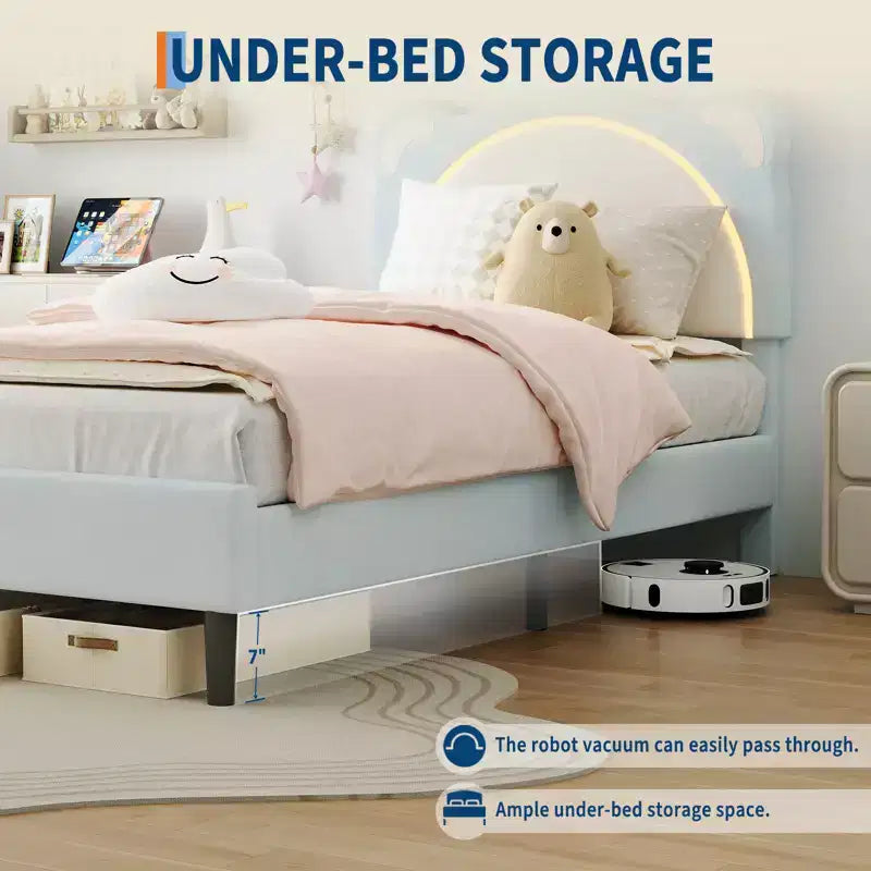 Twin Upholstered Platform Bed Frame with Adjustable Headboard, Smart LED and Wooden Slats Support, No Box Spring Needed