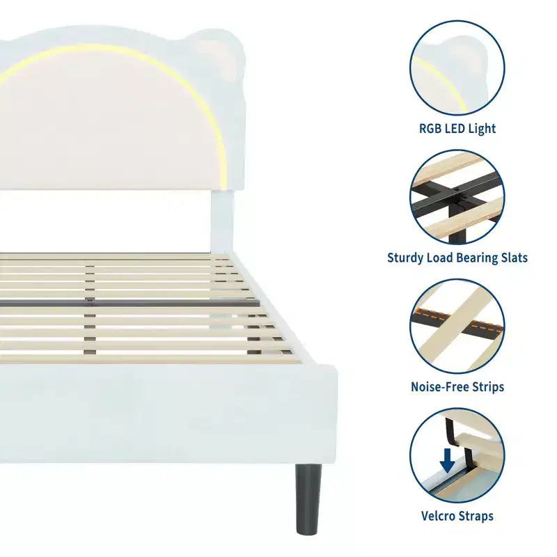 Twin Upholstered Platform Bed Frame with Adjustable Headboard, Smart LED and Wooden Slats Support, No Box Spring Needed