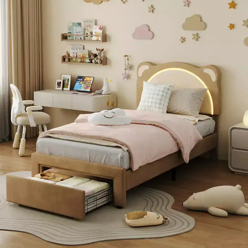Twin Upholstered Platform Bed Frame with Adjustable Headboard, Smart LED and Wooden Slats Support, No Box Spring Needed
