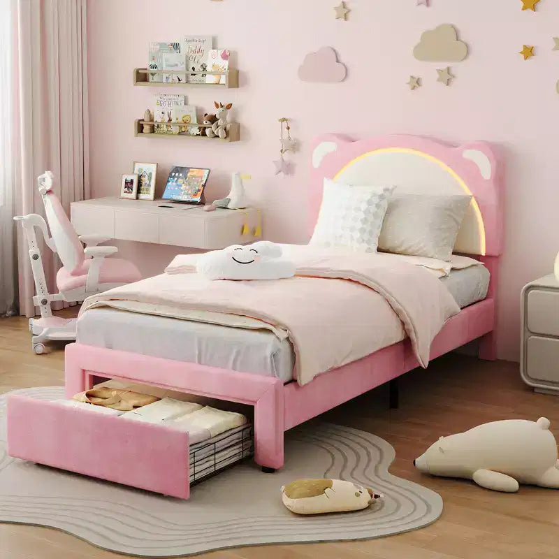 Twin Upholstered Platform Bed Frame with Adjustable Headboard, Smart LED and Wooden Slats Support, No Box Spring Needed