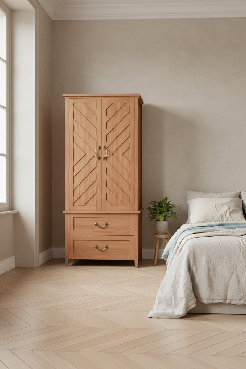 V Shape Armoire Wardrobe Closet with 2 Doors & Drawers, 71.06 Wooden Tall Bedroom Armoire Closet Cabinet with Hanging Rod, Freestanding Cabinet