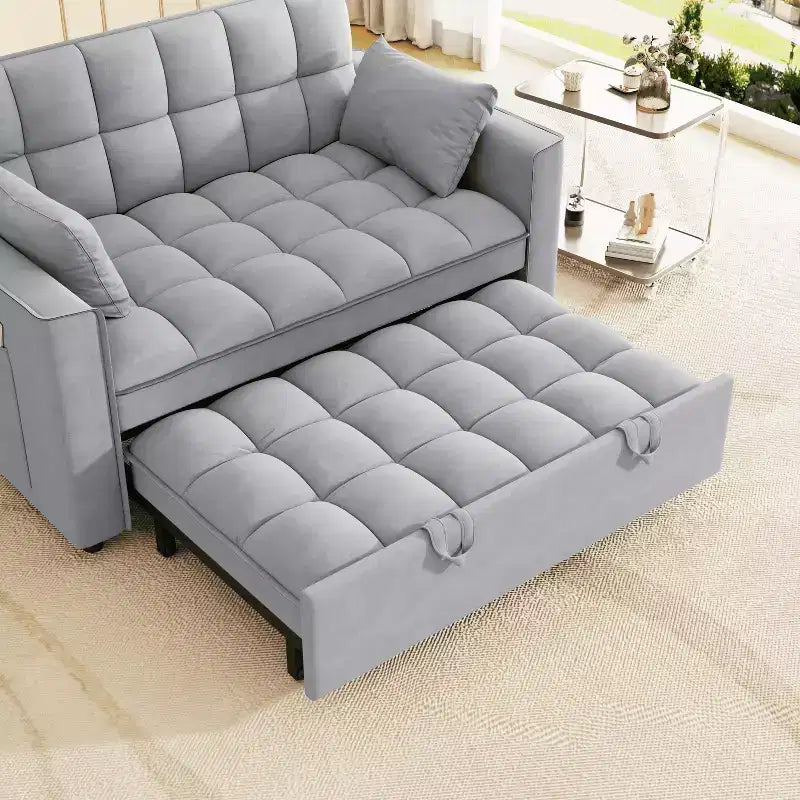 Modern Velvet Sleeper Sofa Couch with Pull Out Bed, Pillows and Side Pockets for Small Spaces, Light Gray