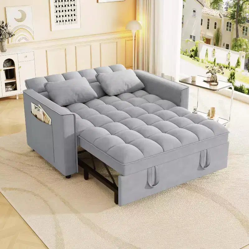 Modern Velvet Sleeper Sofa Couch with Pull Out Bed, Pillows and Side Pockets for Small Spaces, Light Gray