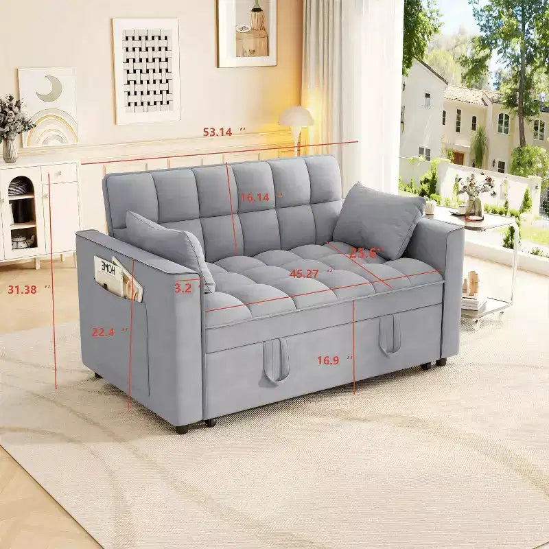 Modern Velvet Sleeper Sofa Couch with Pull Out Bed, Pillows and Side Pockets for Small Spaces, Light Gray