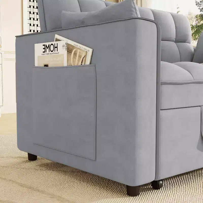 Modern Velvet Sleeper Sofa Couch with Pull Out Bed, Pillows and Side Pockets for Small Spaces, Light Gray