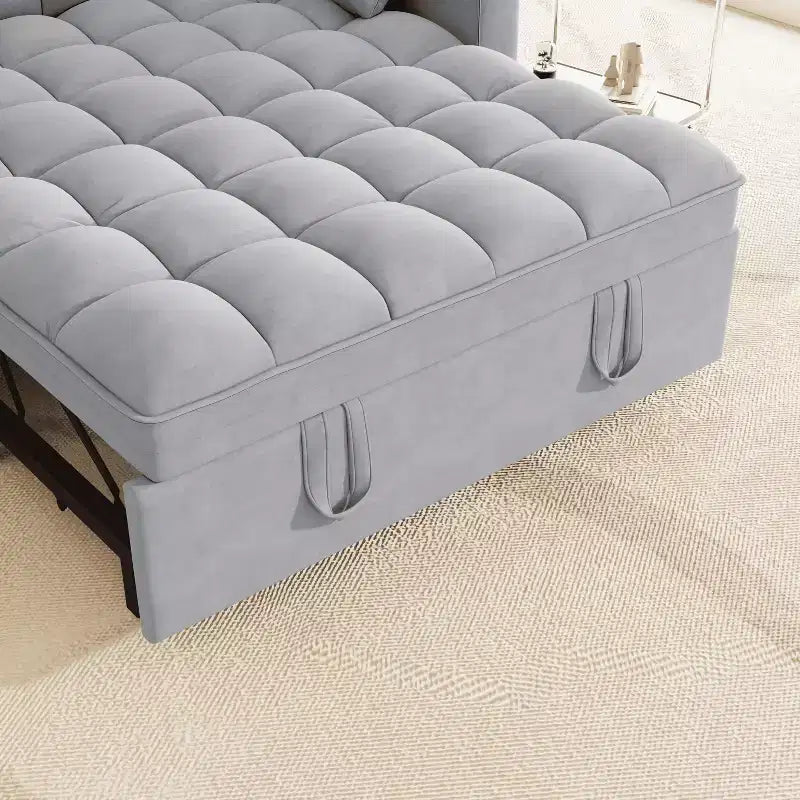 Modern Velvet Sleeper Sofa Couch with Pull Out Bed, Pillows and Side Pockets for Small Spaces, Light Gray