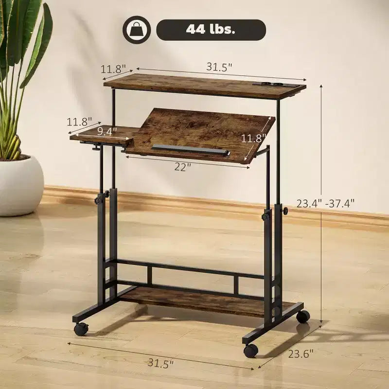 Adjustable Standing Desk with Power Outlets, Stand Up Desk with Tiltable Tabletop, Wheels, Shelf, for Home Office