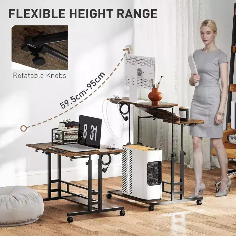Adjustable Standing Desk with Power Outlets, Stand Up Desk with Tiltable Tabletop, Wheels, Shelf, for Home Office