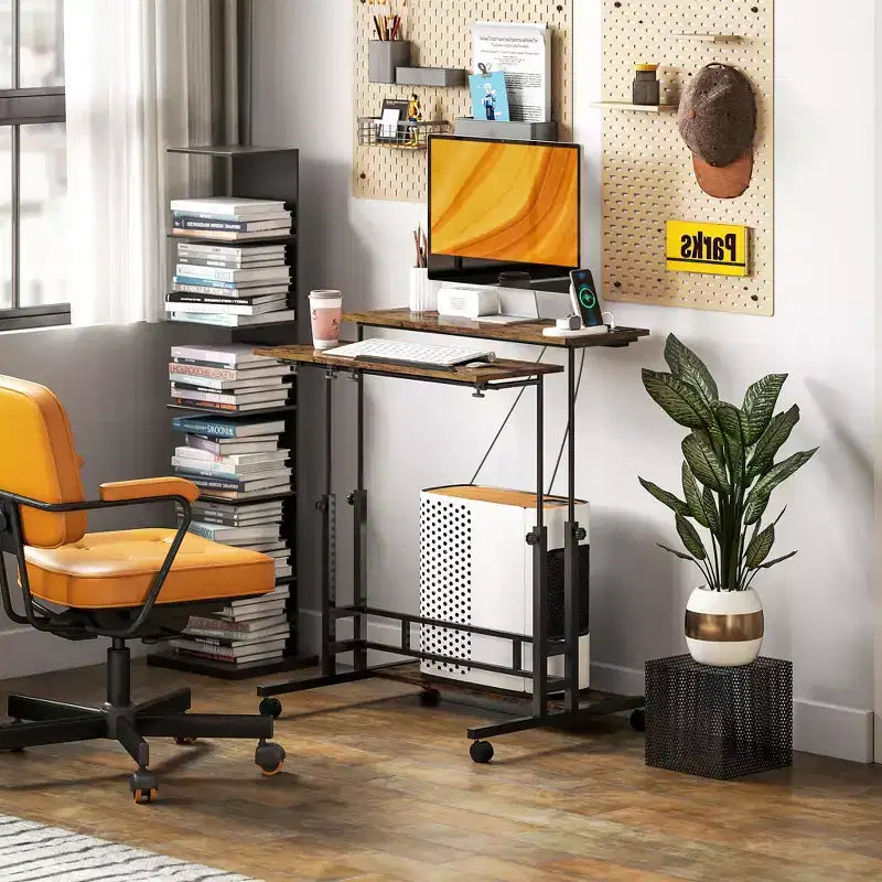 Adjustable Standing Desk with Power Outlets, Stand Up Desk with Tiltable Tabletop, Wheels, Shelf, for Home Office