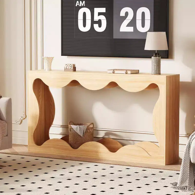 63-Inch Scalloped Entryway Console Table, Narrow Wooden Sofa Table for Living Room, Hallway and Entrance