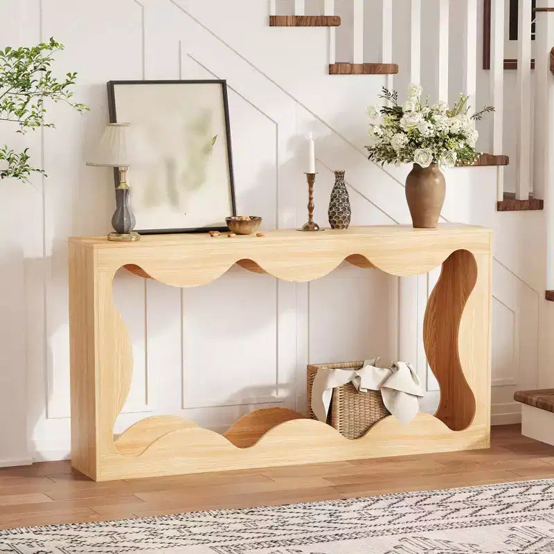 63-Inch Scalloped Entryway Console Table, Narrow Wooden Sofa Table for Living Room, Hallway and Entrance