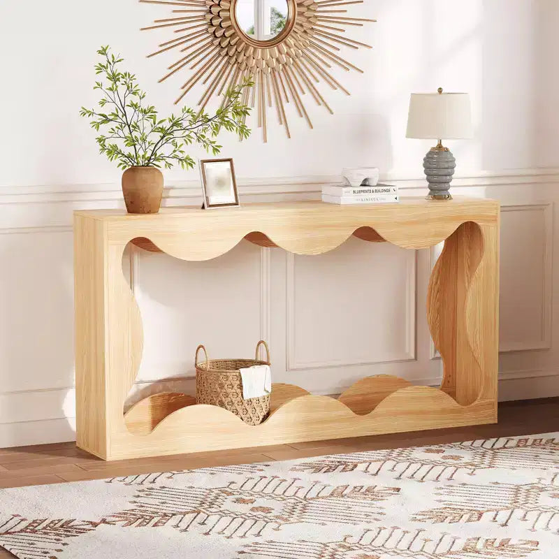 63-Inch Scalloped Entryway Console Table, Narrow Wooden Sofa Table for Living Room, Hallway and Entrance