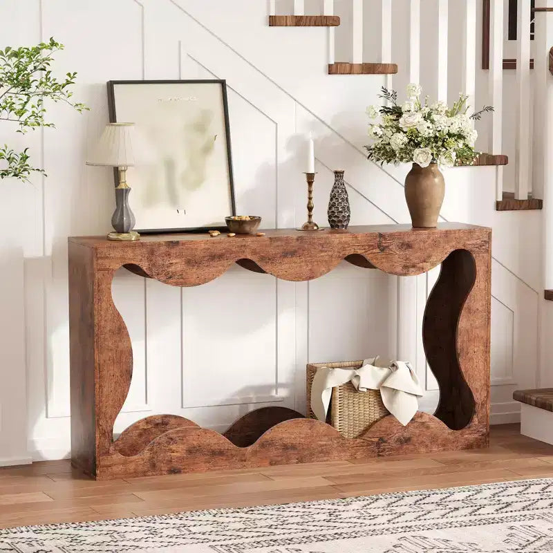 63-Inch Scalloped Entryway Console Table, Narrow Wooden Sofa Table for Living Room, Hallway and Entrance