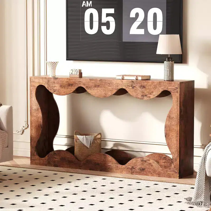 63-Inch Scalloped Entryway Console Table, Narrow Wooden Sofa Table for Living Room, Hallway and Entrance