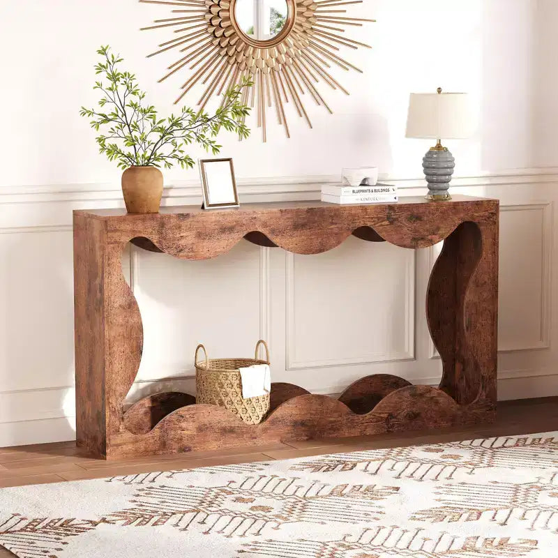 63-Inch Scalloped Entryway Console Table, Narrow Wooden Sofa Table for Living Room, Hallway and Entrance