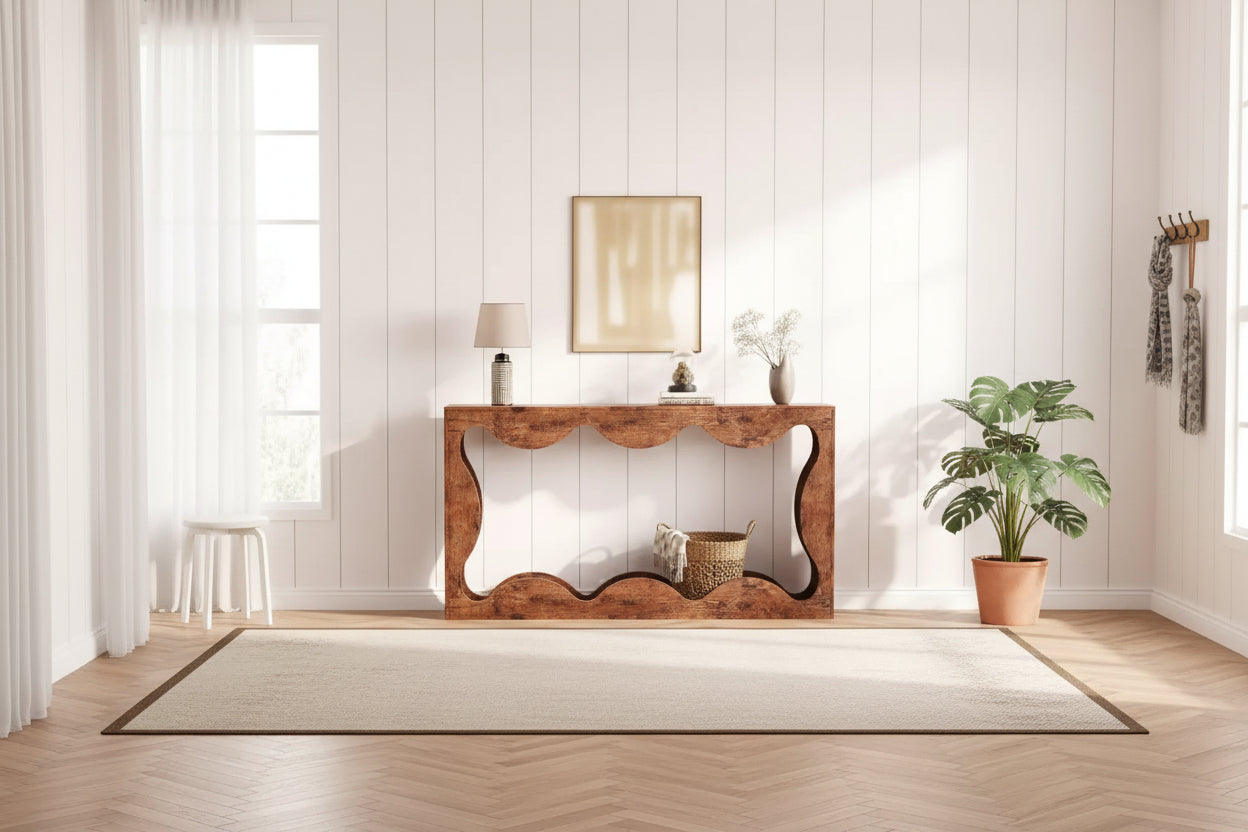 63 Console Table for Entryway, Wooden Rectangular Narrow Sofa Table Behind Couch, Scalloped Entryway Table for Living Room Hallway Entrance