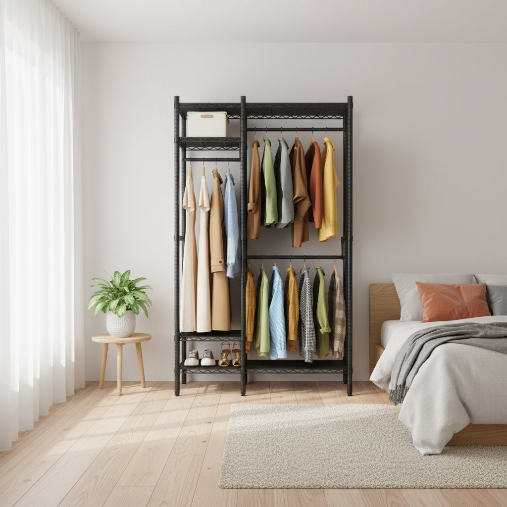 Heavy Duty Clothes Rack with 4 Tiers Shelves, Freestanding Portable Closet, Adjustable Clothing Storage Rack, Supports Up to 850 LBS