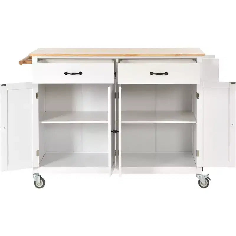 54.3-Inch Kitchen Island Cart with Solid Wood Top, Locking Wheels, 4-Door Cabinet, 2 Drawers, Spice Rack and Towel Rack, White