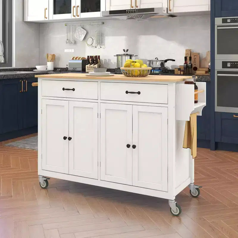 54.3-Inch Kitchen Island Cart with Solid Wood Top, Locking Wheels, 4-Door Cabinet, 2 Drawers, Spice Rack and Towel Rack, White