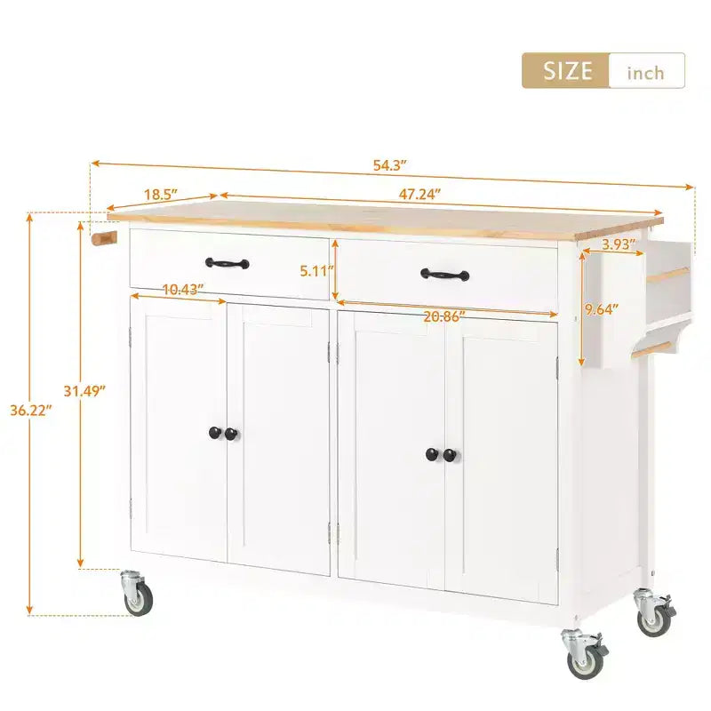 54.3-Inch Kitchen Island Cart with Solid Wood Top, Locking Wheels, 4-Door Cabinet, 2 Drawers, Spice Rack and Towel Rack, White