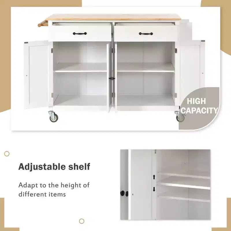 54.3-Inch Kitchen Island Cart with Solid Wood Top, Locking Wheels, 4-Door Cabinet, 2 Drawers, Spice Rack and Towel Rack, White