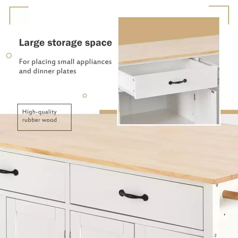 54.3-Inch Kitchen Island Cart with Solid Wood Top, Locking Wheels, 4-Door Cabinet, 2 Drawers, Spice Rack and Towel Rack, White