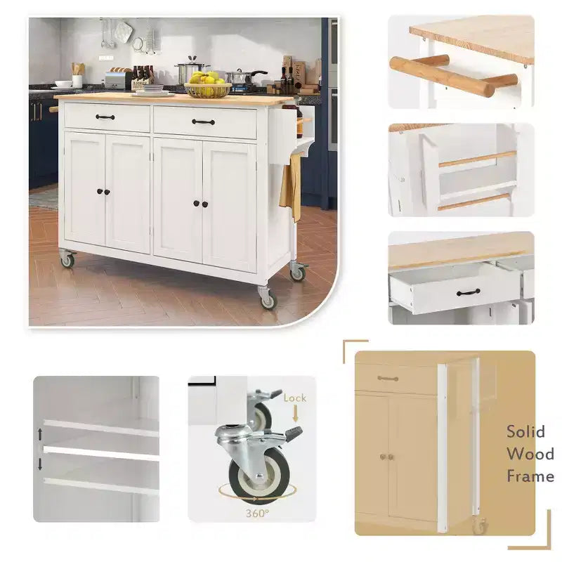 54.3-Inch Kitchen Island Cart with Solid Wood Top, Locking Wheels, 4-Door Cabinet, 2 Drawers, Spice Rack and Towel Rack, White