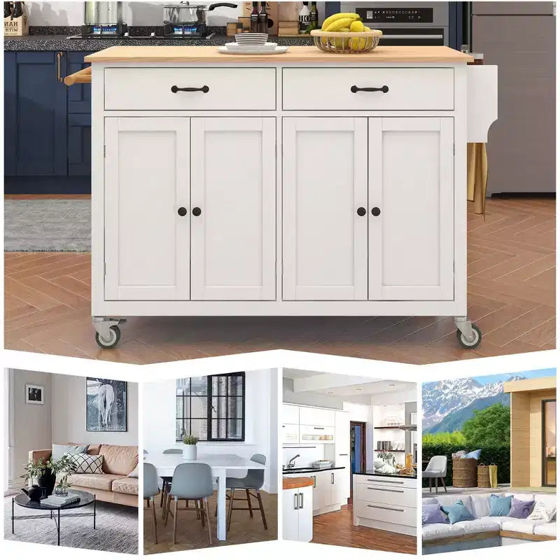 54.3-Inch Kitchen Island Cart with Solid Wood Top, Locking Wheels, 4-Door Cabinet, 2 Drawers, Spice Rack and Towel Rack, White