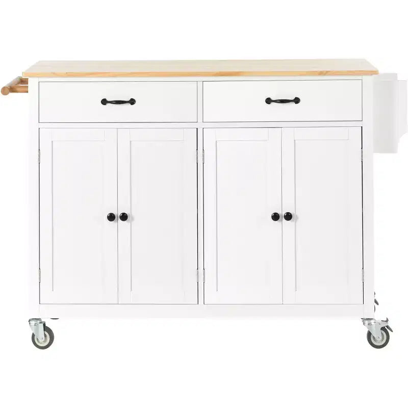 54.3-Inch Kitchen Island Cart with Solid Wood Top, Locking Wheels, 4-Door Cabinet, 2 Drawers, Spice Rack and Towel Rack, White